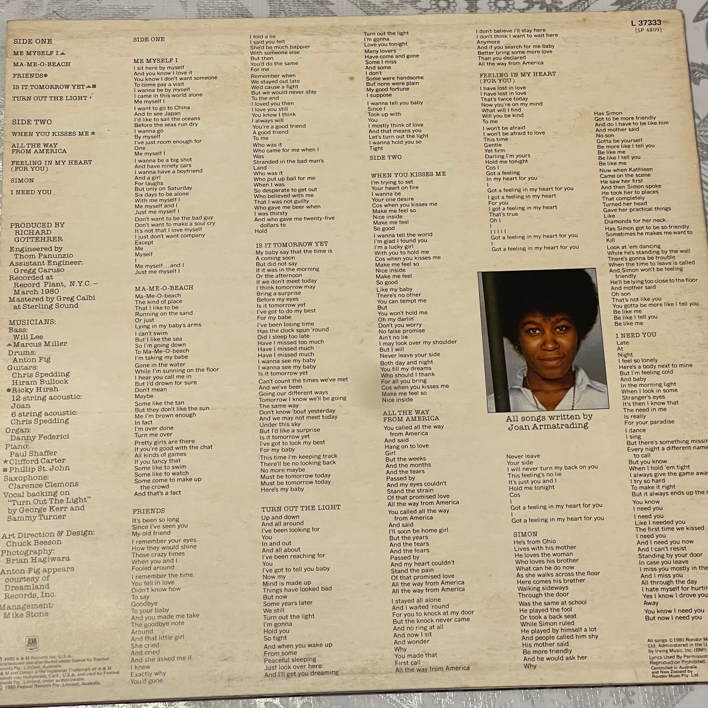Joan Armatrading – Me Myself I LP Vinyl Record (1980, A&M)