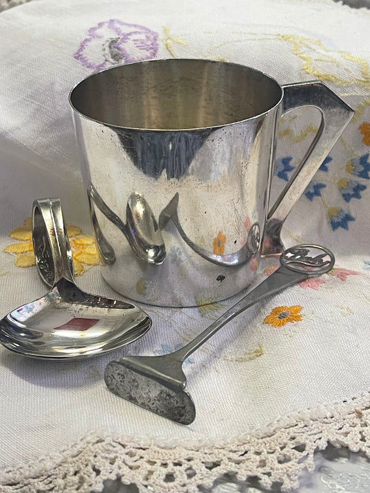 Vintage silver plate baby gift, mug, spoon and food pusher