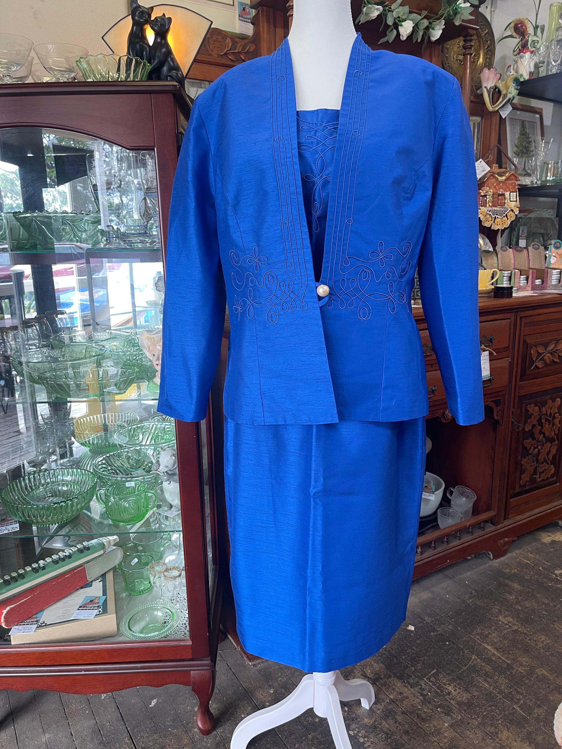 Jacket St John Knit Suits Vintage 80s Blue Shantung Piece Skirt