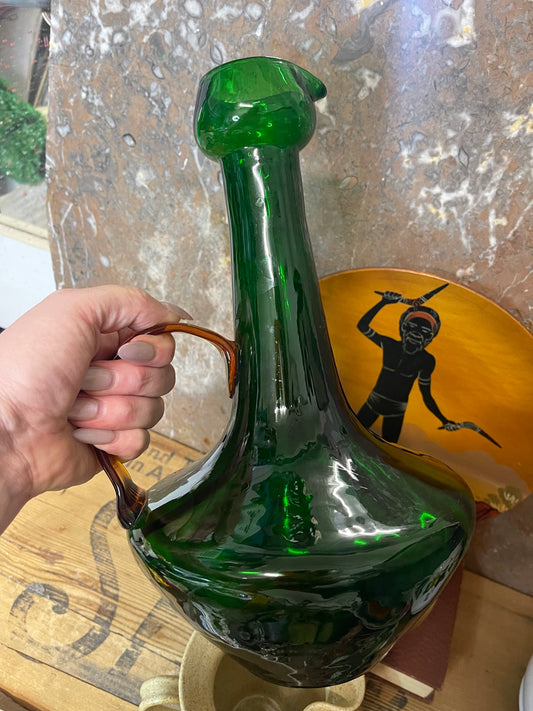Vintage Green Glass Jug with Amber Handle – Hand-Blown Mid-Century Decanter (c.1950s–60s)
