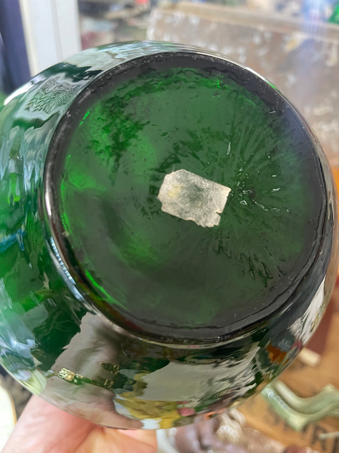 Vintage Green Glass Jug with Amber Handle – Hand-Blown Mid-Century Decanter (c.1950s–60s)