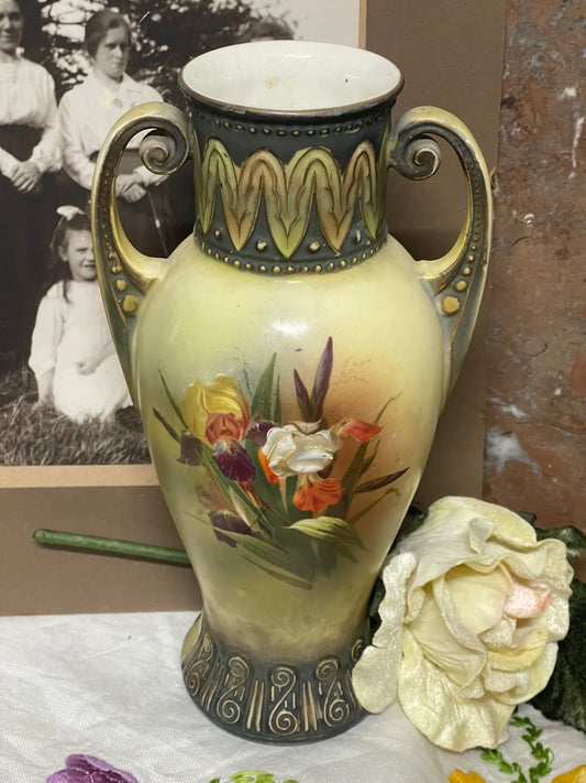 Antique Art Nouveau Hand-Painted Iris Vase with Twin Handles – c.1900s