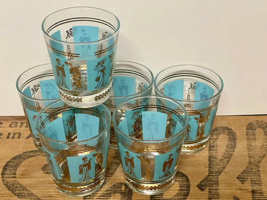 Vintage Mid-Century Oriental Motif Glasses – Set of 6