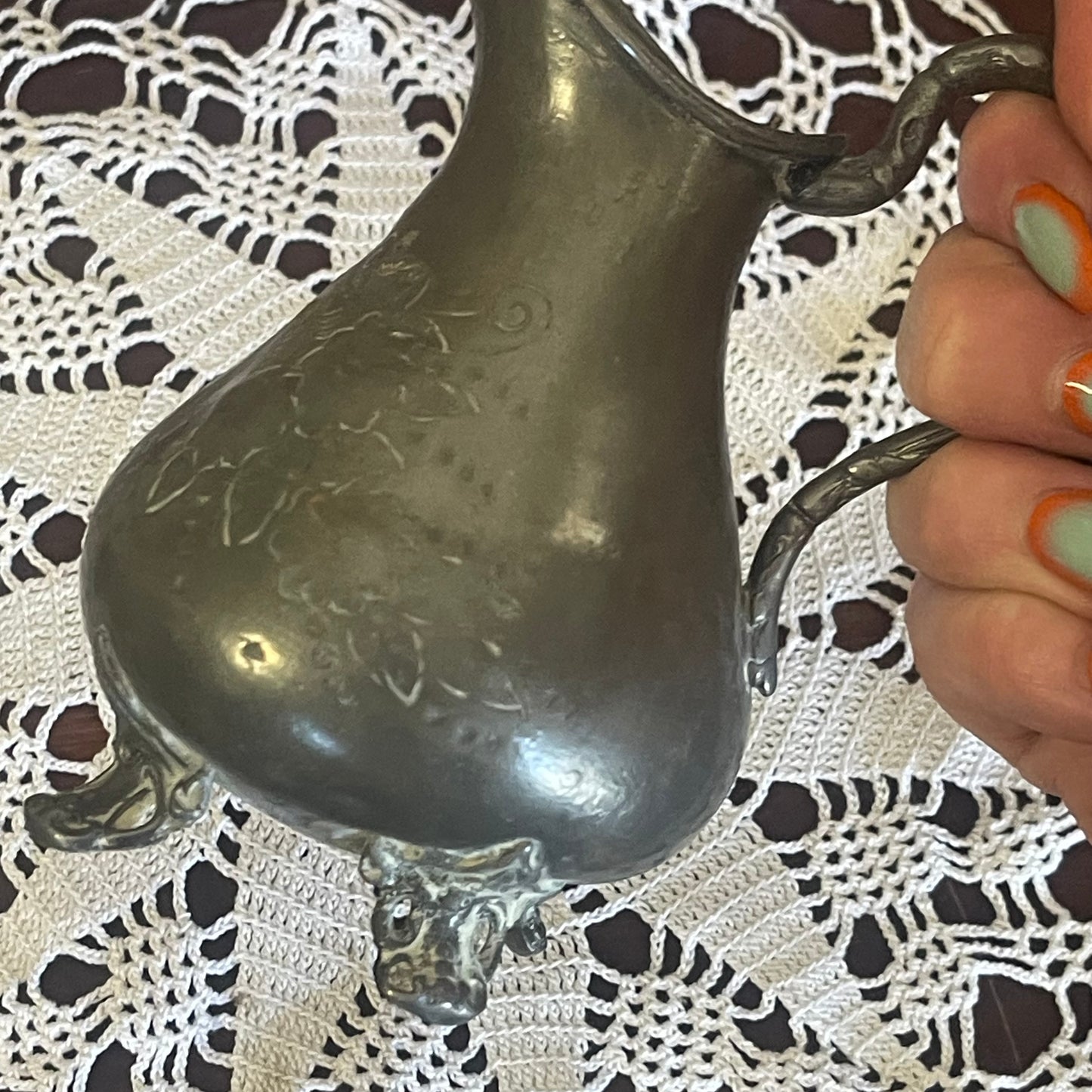 Victorian Pewter Cream Jug – Engraved Floral, c.1890