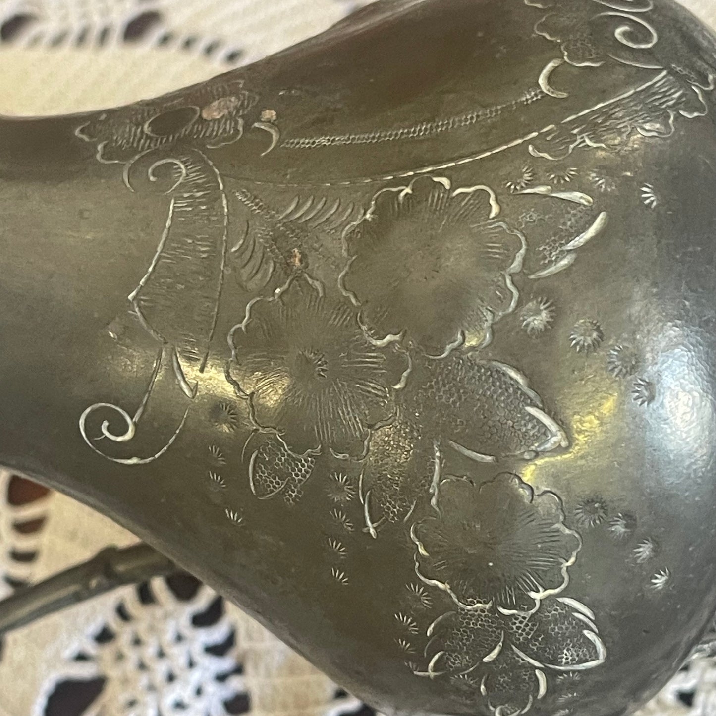 Victorian Pewter Cream Jug – Engraved Floral, c.1890