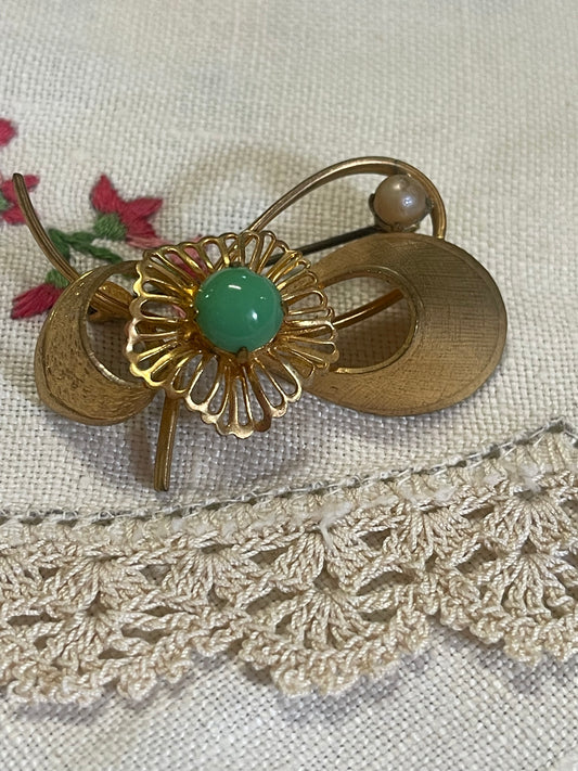 Vintage Mid-Century Floral Brooch with Green Glass Cabochon