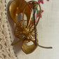 Vintage Mid-Century Floral Brooch with Green Glass Cabochon