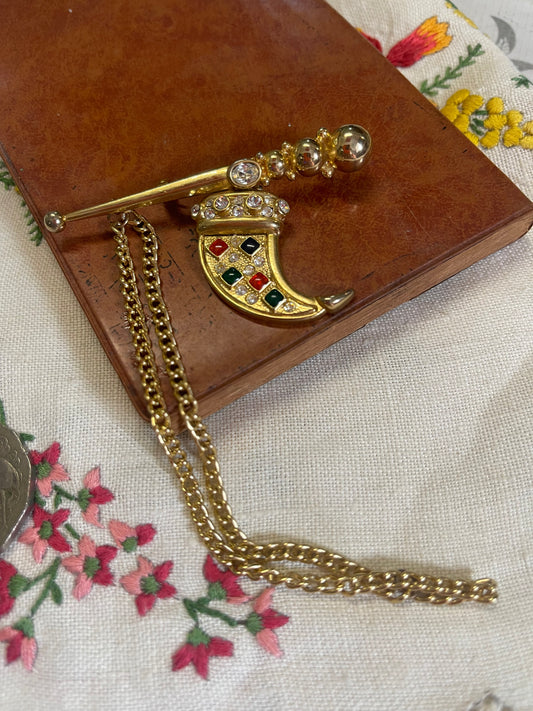 Vintage Jeweled Scimitar Sword Brooch with Chain