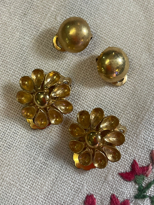 Two Pair of Vintage Clip-On Earrings – Gold-Tone Flower & Classic Dome Style (Relier)