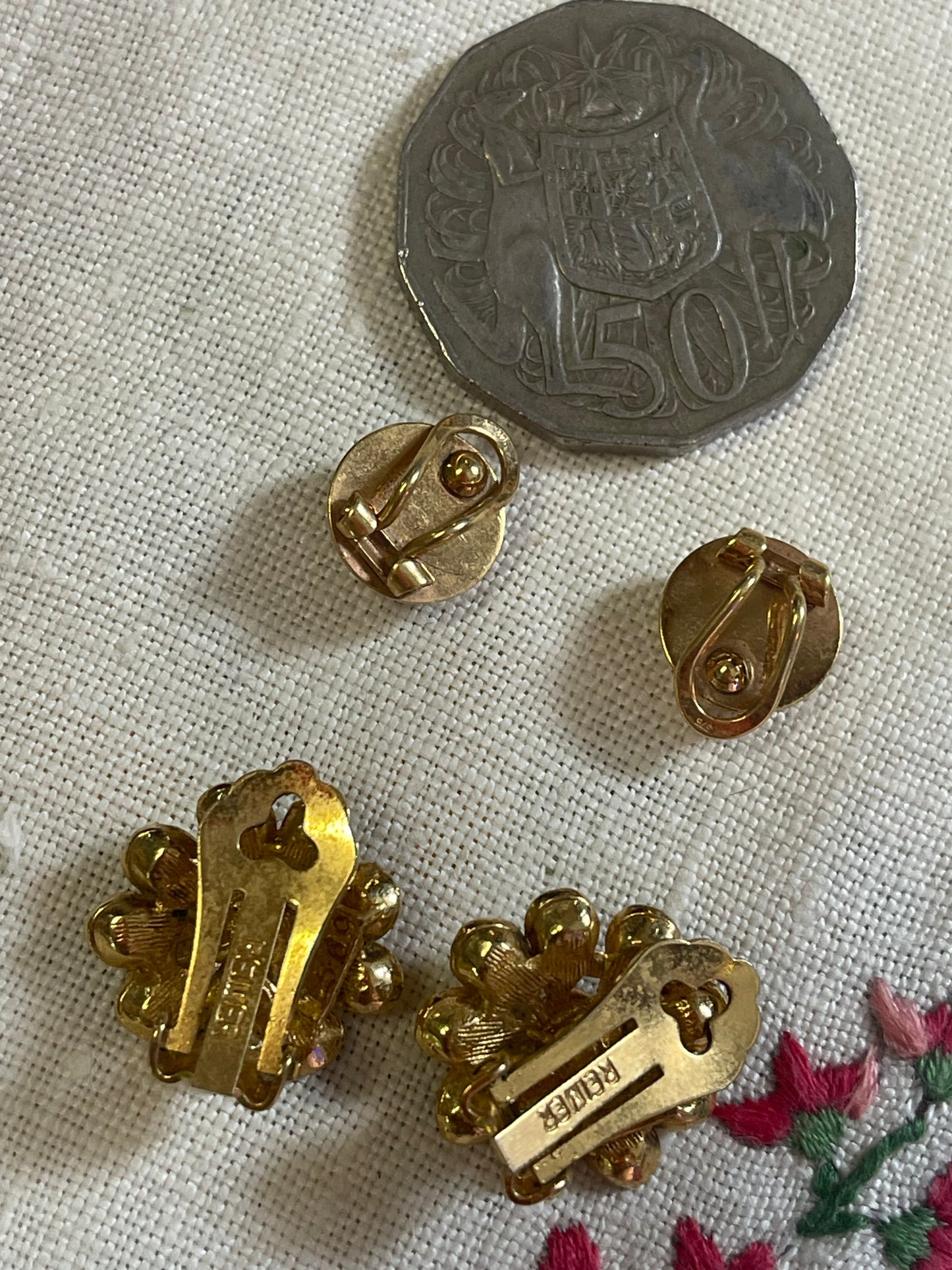 Two Pair of Vintage Clip-On Earrings – Gold-Tone Flower & Classic Dome Style (Relier)