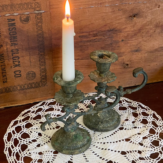 Antique Brass Candlesticks (Pair) – Original Patina, c.1900