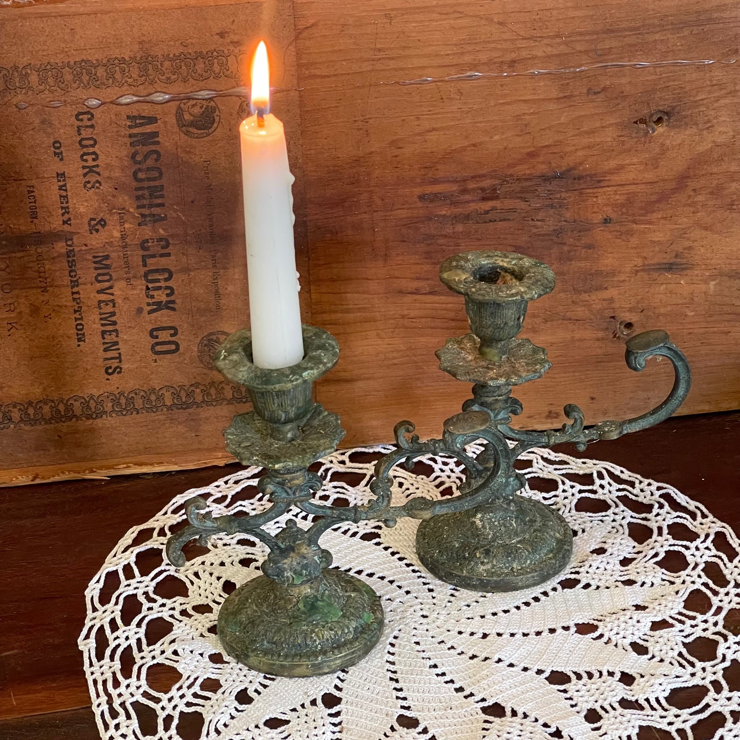 Antique Brass Candlesticks (Pair) – Original Patina, c.1900