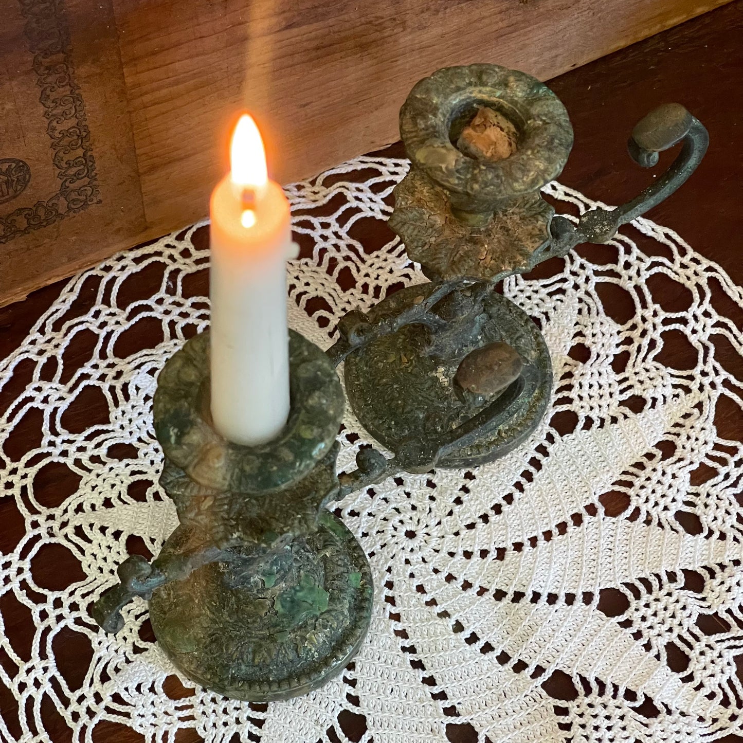 Antique Brass Candlesticks (Pair) – Original Patina, c.1900