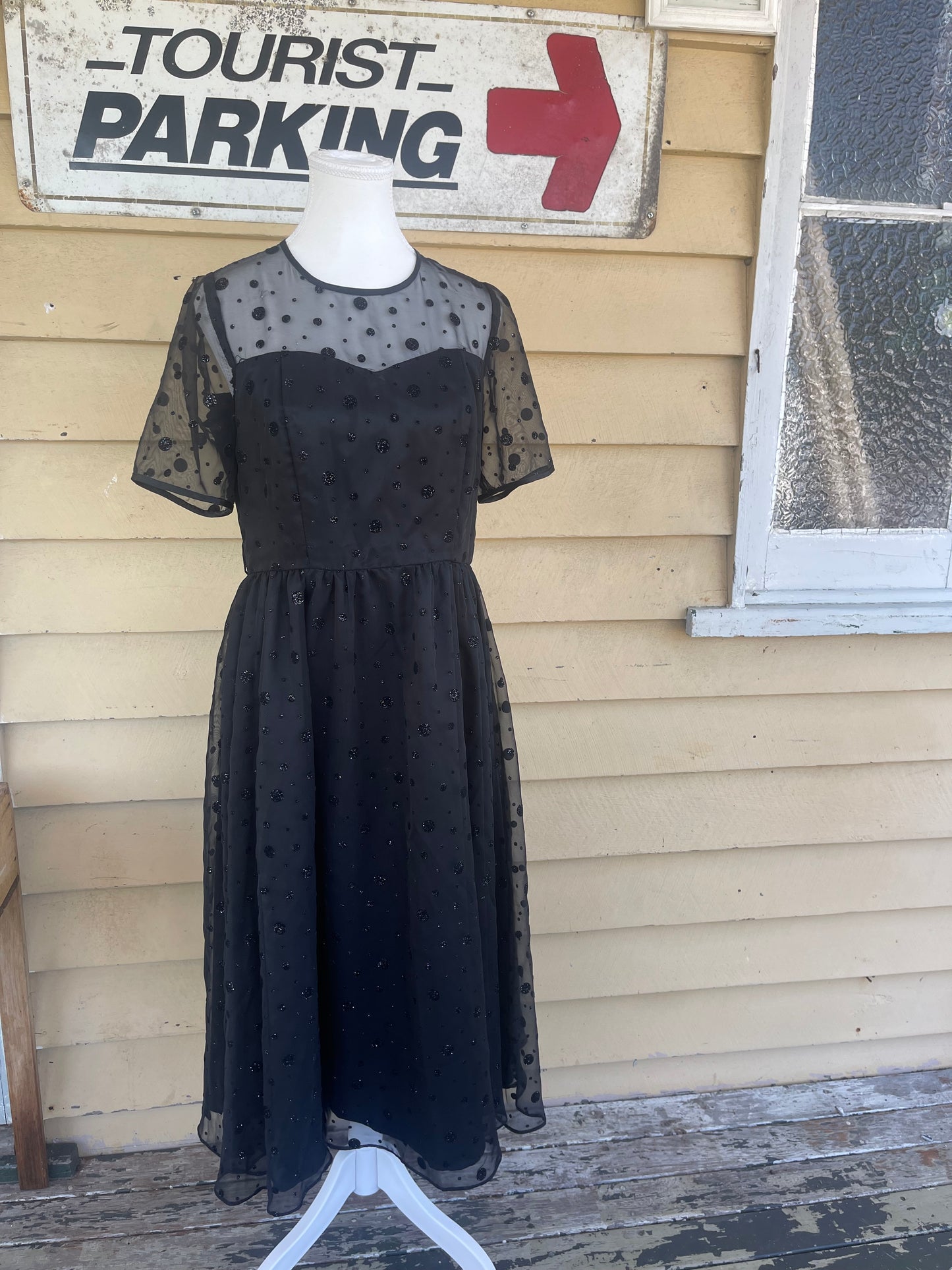 Vintage 1980s does 50s black flocked chiffon cocktail dress size 10 90cm Bust