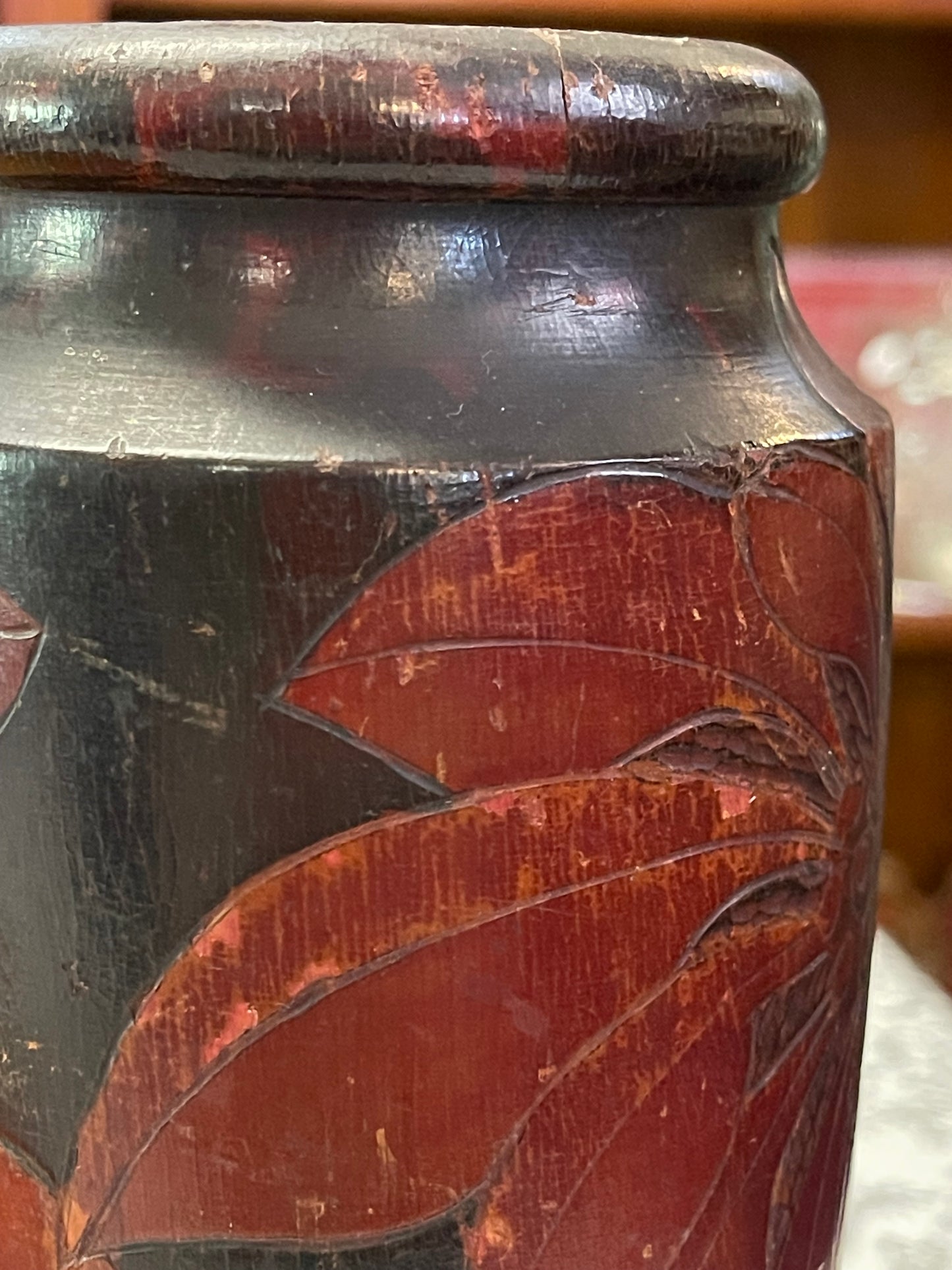1930s Pokerwork Wooden Vase – Handcrafted Floral Design