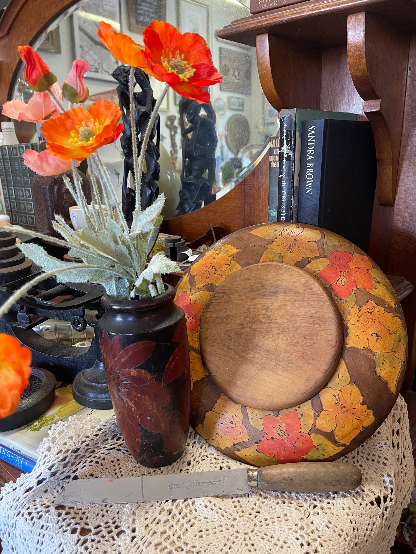 1930s Pokerwork Wooden Vase – Handcrafted Floral Design