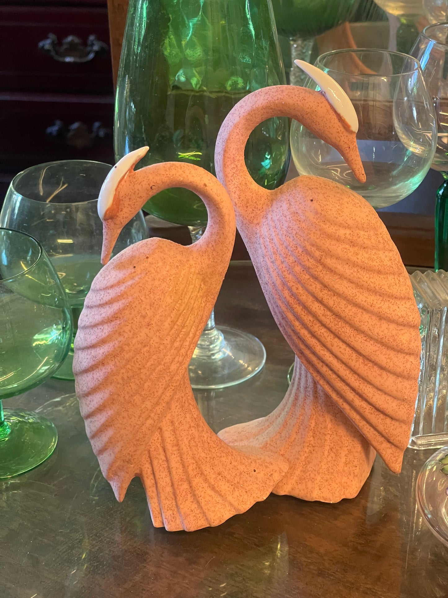 Vintage 1980s Deco Revival Ceramic Crane Pair – Pink Speckled