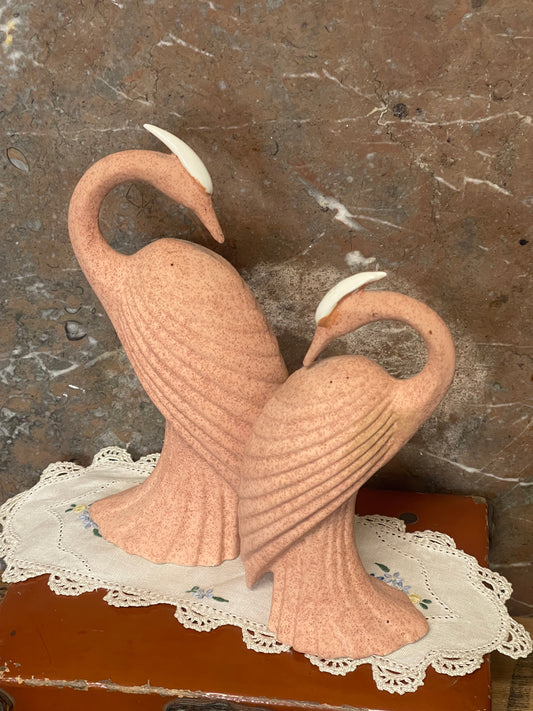 Vintage 1980s Deco Revival Ceramic Crane Pair – Pink Speckled