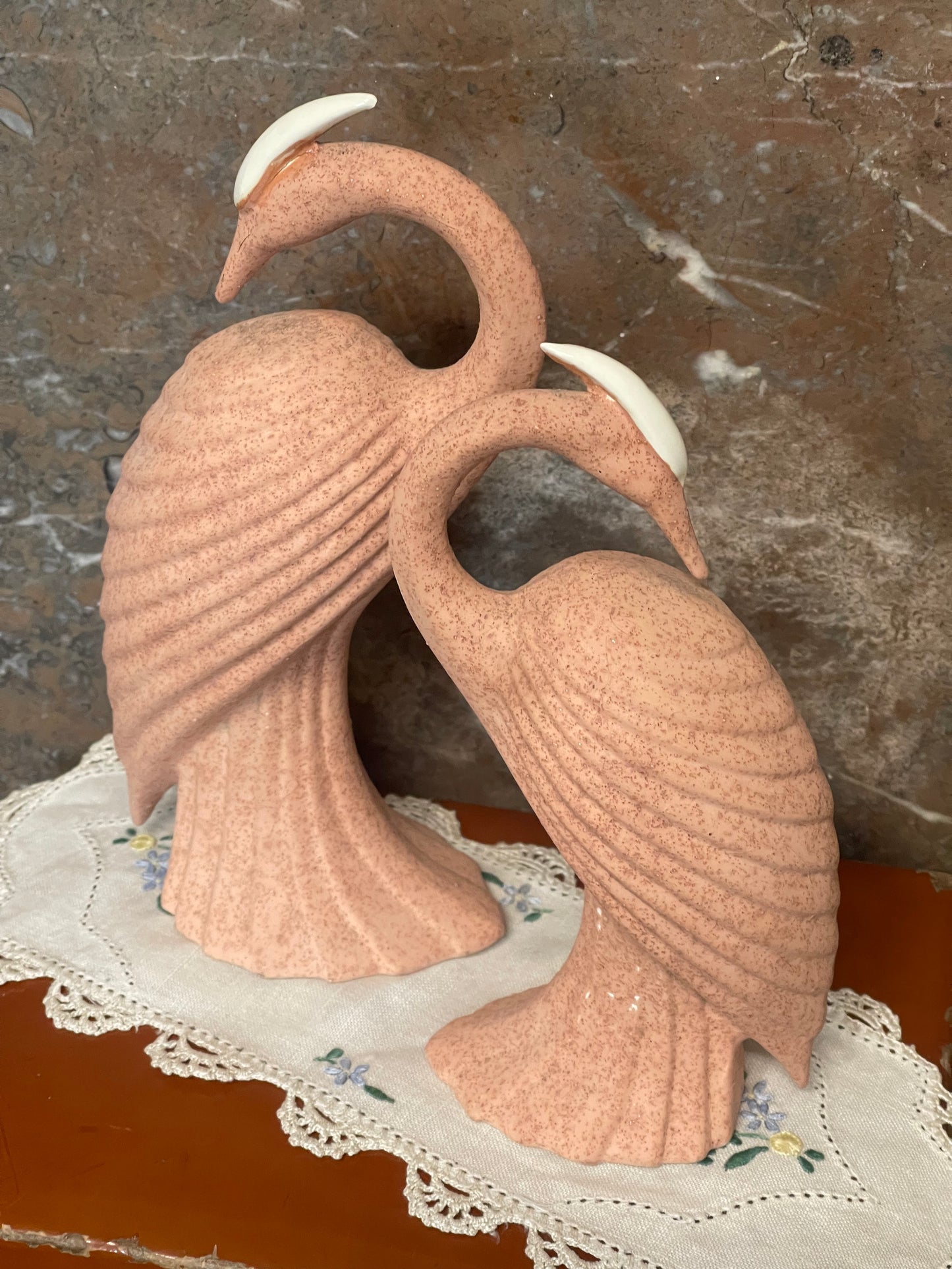 Vintage 1980s Deco Revival Ceramic Crane Pair – Pink Speckled