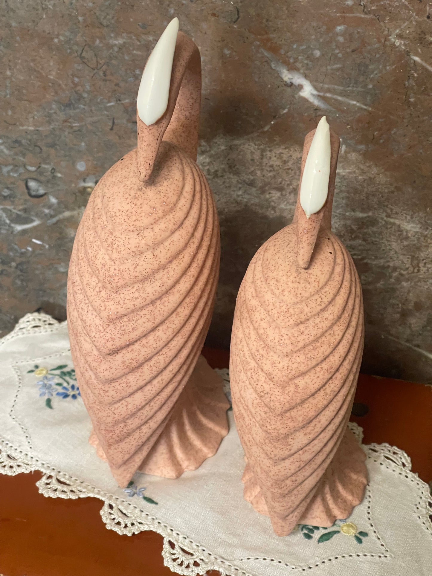Vintage 1980s Deco Revival Ceramic Crane Pair – Pink Speckled