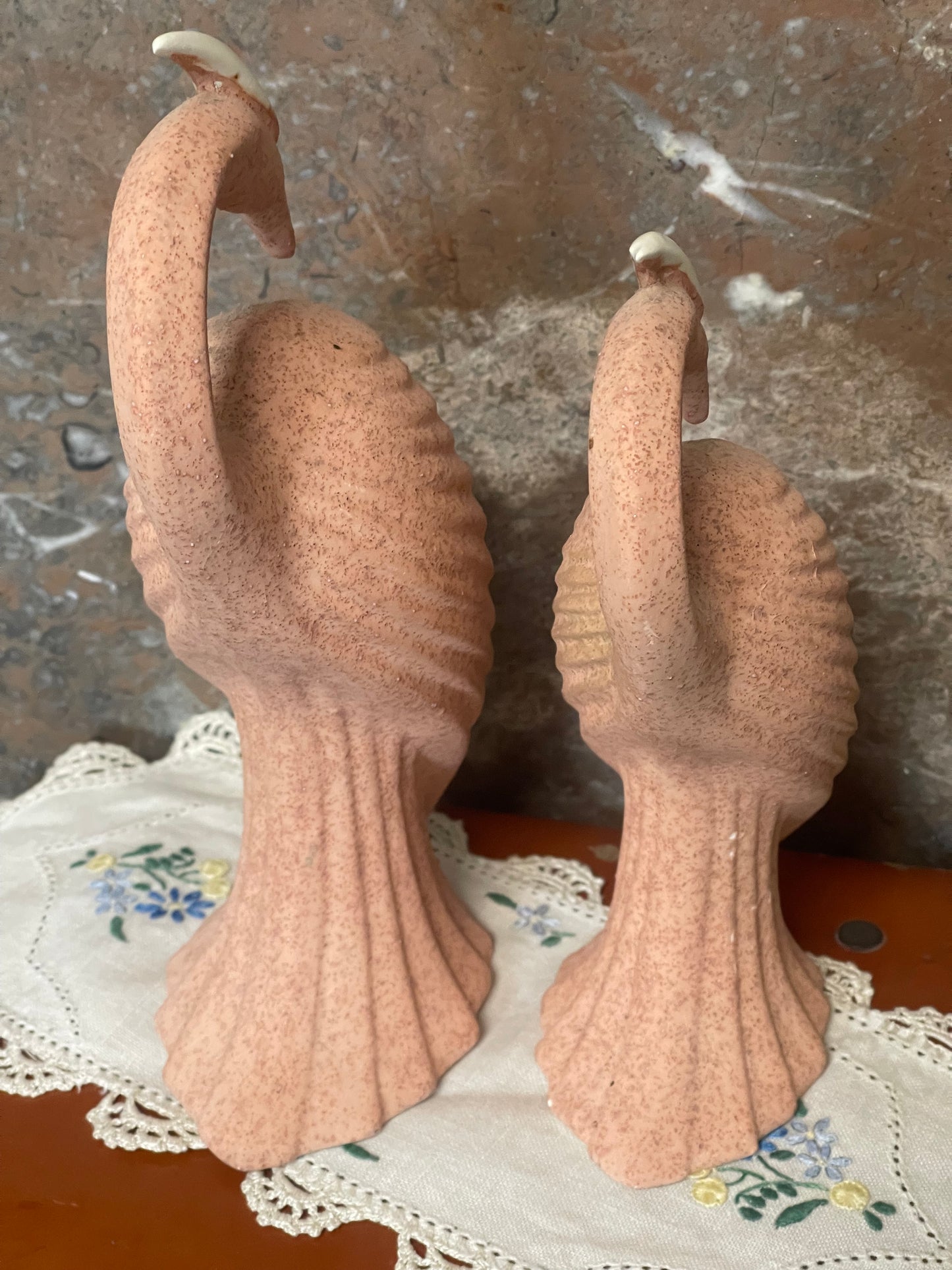 Vintage 1980s Deco Revival Ceramic Crane Pair – Pink Speckled