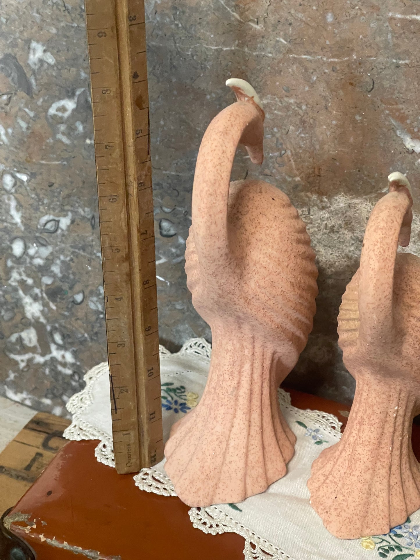 Vintage 1980s Deco Revival Ceramic Crane Pair – Pink Speckled