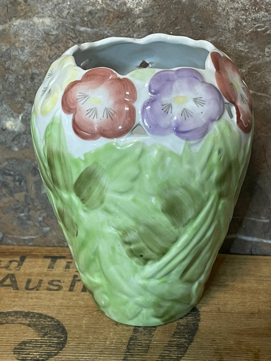 Vintage posy vase with cut-out rim and hand-painted flowers.