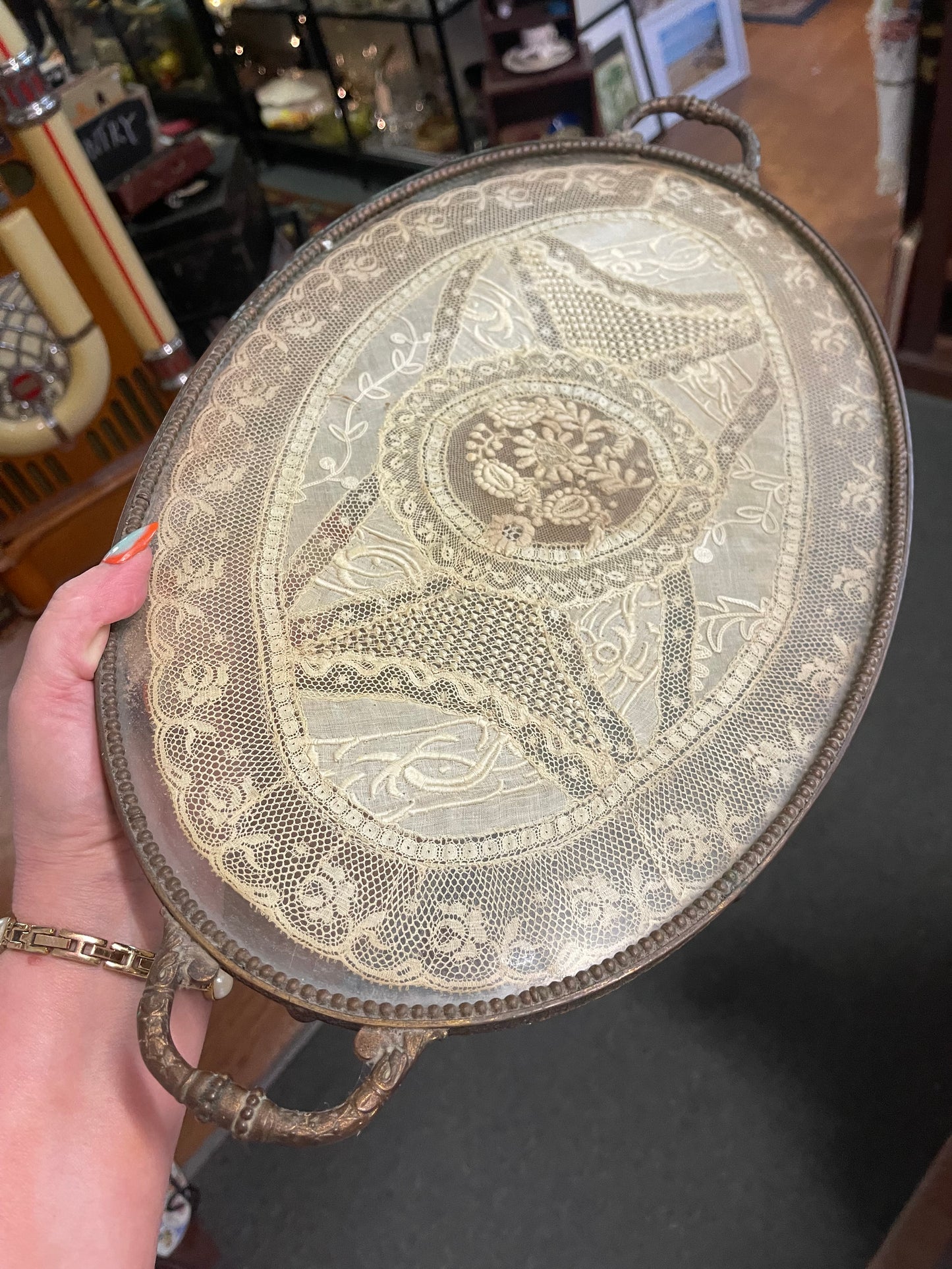 Vintage Lace-Between-Glass Brass Tray | c.1920s–40s