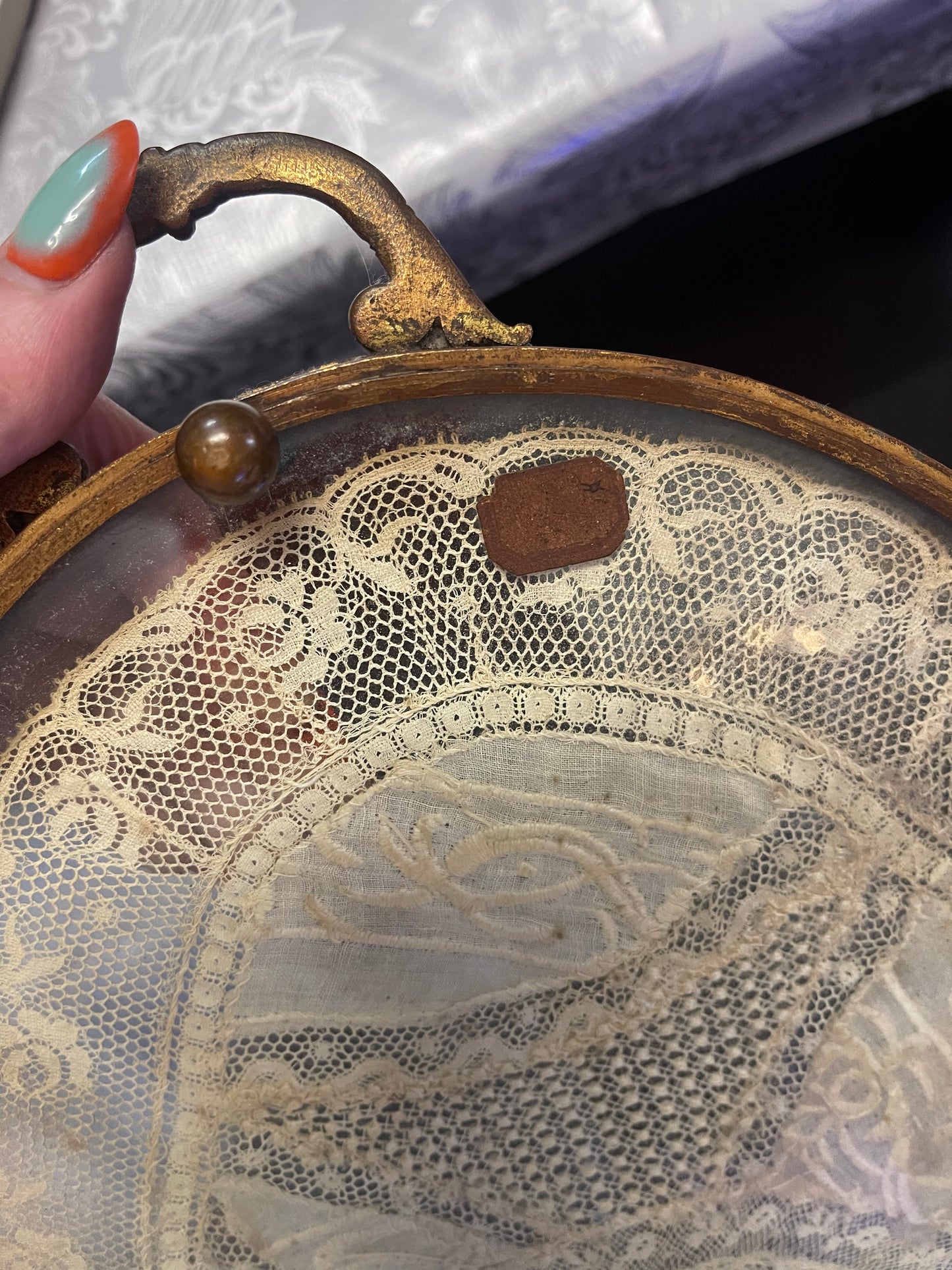 Vintage Lace-Between-Glass Brass Tray | c.1920s–40s