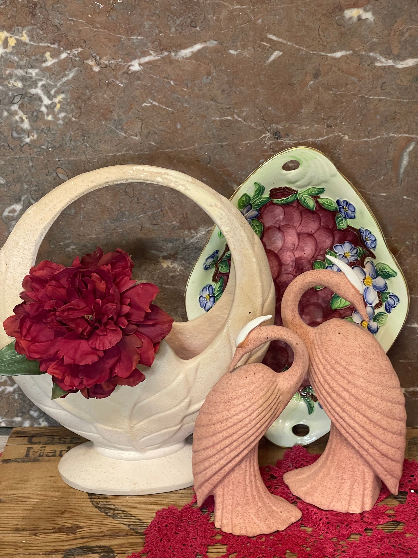 Vintage 1980s Deco Revival Ceramic Crane Pair – Pink Speckled