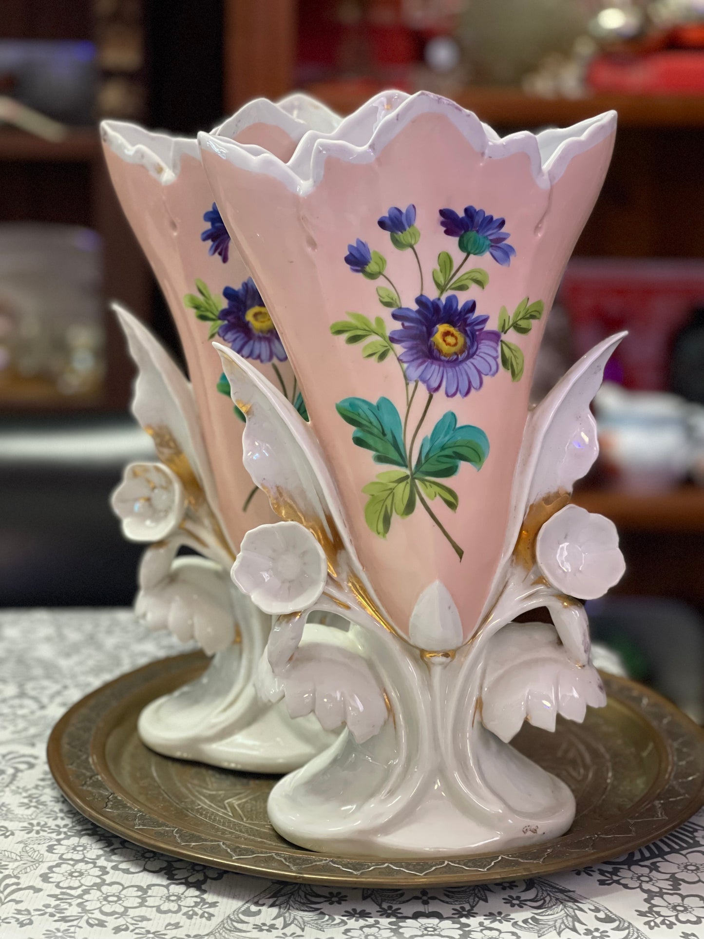 Pair of Pink Floral Trumpet Vases – c.1950s–1960s – European Ceramic