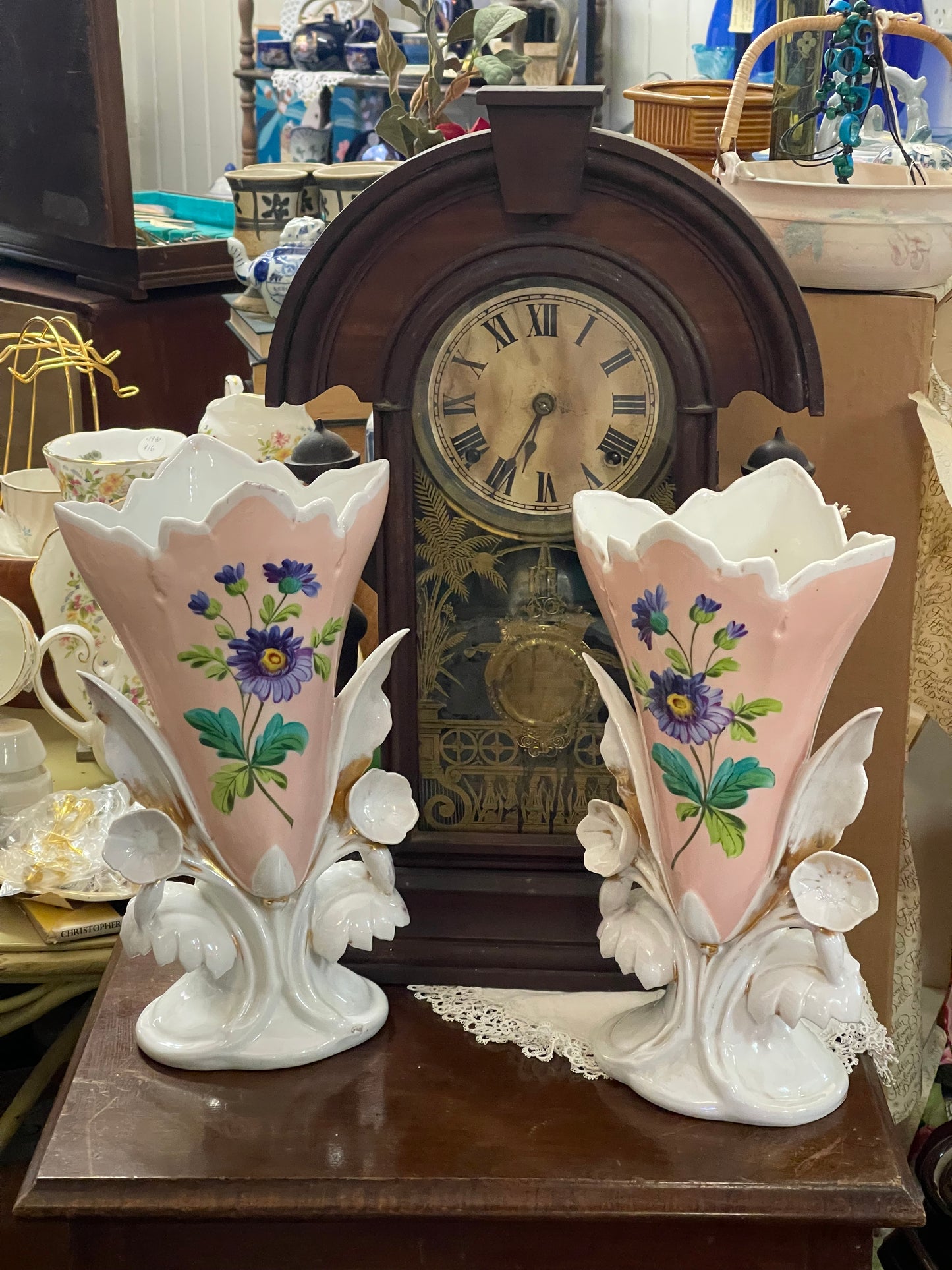Pair of Pink Floral Trumpet Vases – c.1950s–1960s – European Ceramic