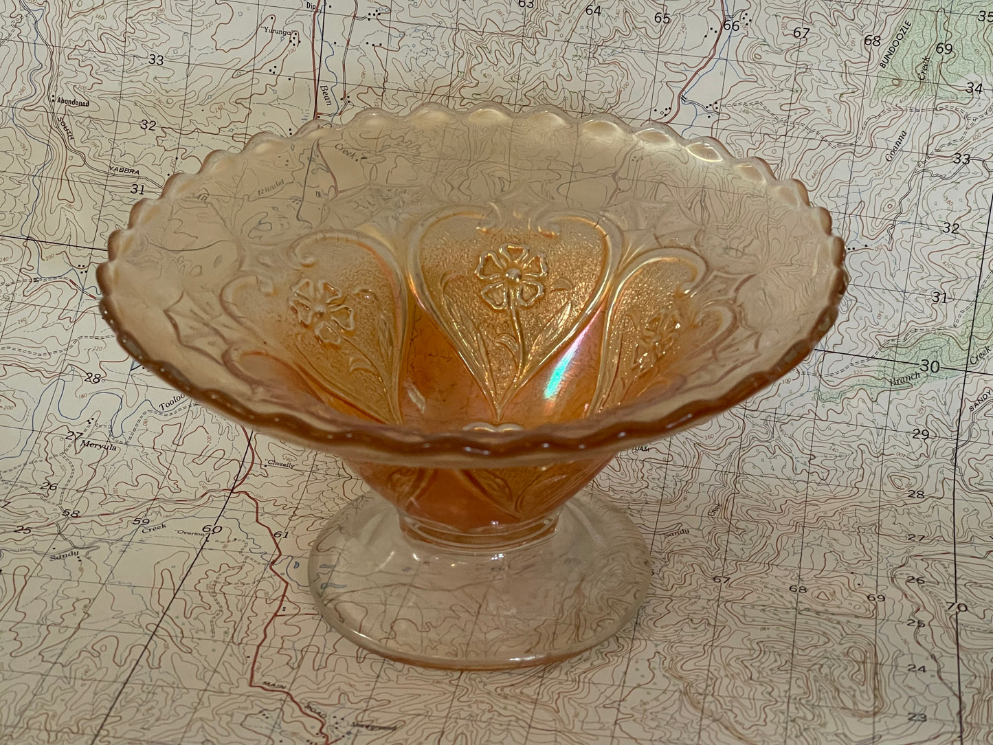 Vintage Marigold Carnival Glass Pedestal Bowl – Heart & Flower Pattern