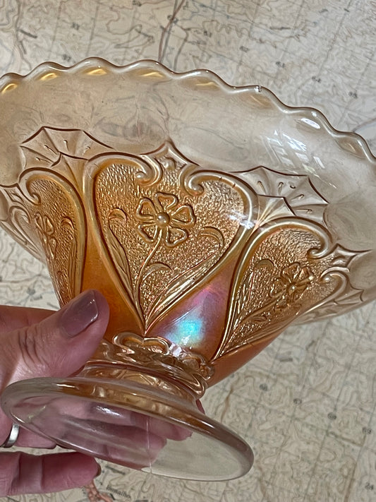Vintage Marigold Carnival Glass Pedestal Bowl – Heart & Flower Pattern
