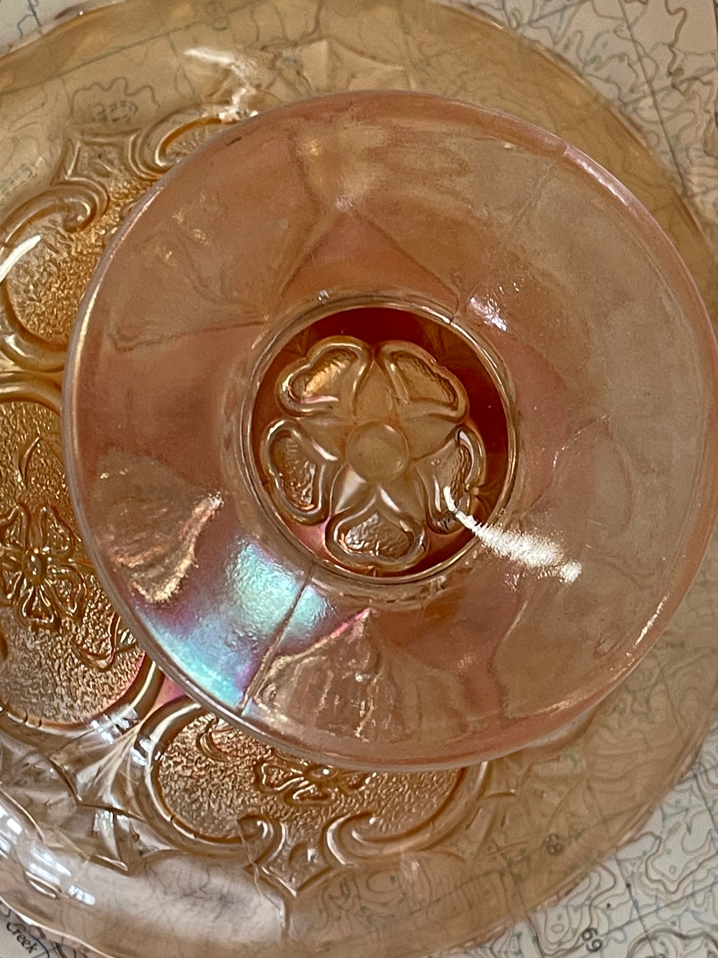 Vintage Marigold Carnival Glass Pedestal Bowl – Heart & Flower Pattern