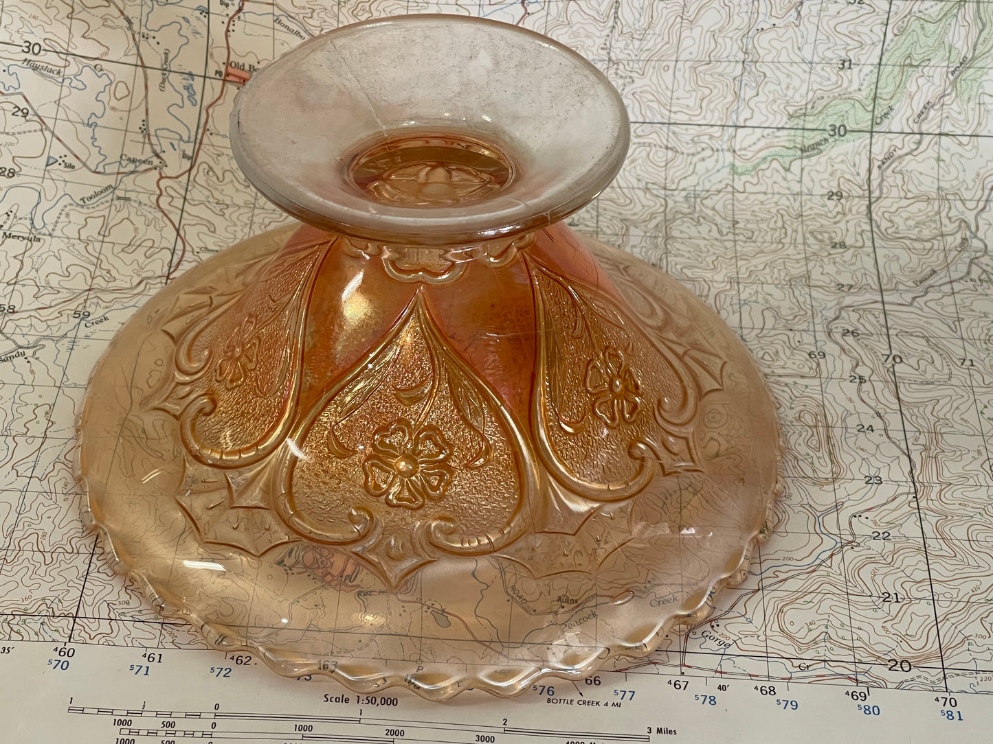 Vintage Marigold Carnival Glass Pedestal Bowl – Heart & Flower Pattern