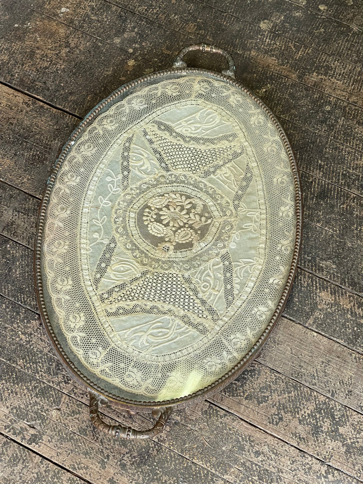 Vintage Lace-Between-Glass Brass Tray | c.1920s–40s