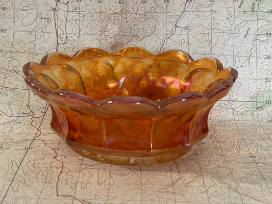 Vintage Marigold Carnival Glass Bowl with Grape & Leaf Pattern – 15cm