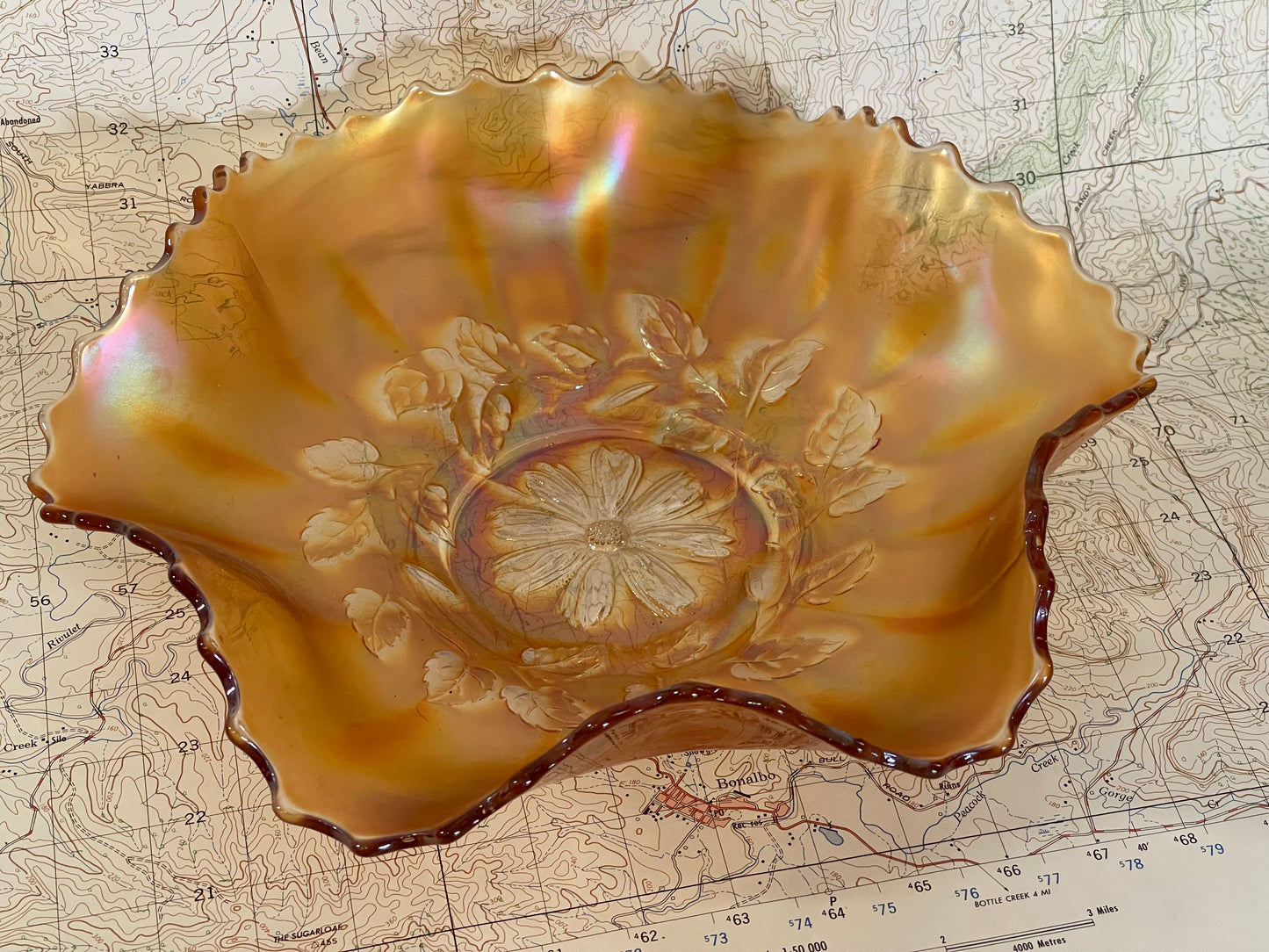 Antique Marigold Carnival Glass Bowl – Daisy & Leaf Pattern