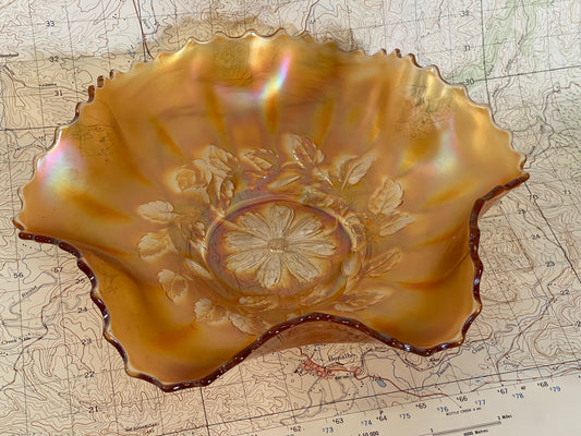 Antique Marigold Carnival Glass Bowl – Daisy & Leaf Pattern