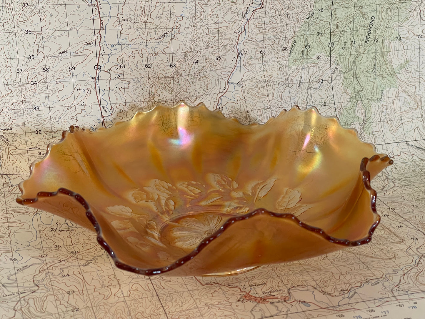 Antique Marigold Carnival Glass Bowl – Daisy & Leaf Pattern