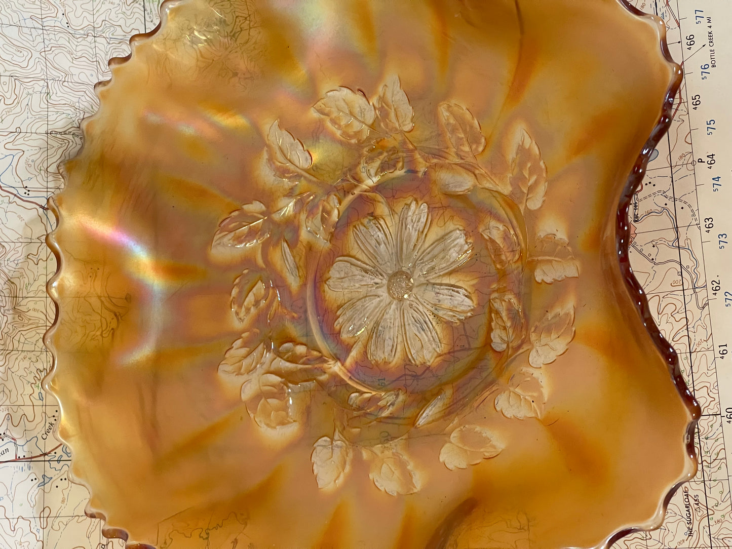 Antique Marigold Carnival Glass Bowl – Daisy & Leaf Pattern