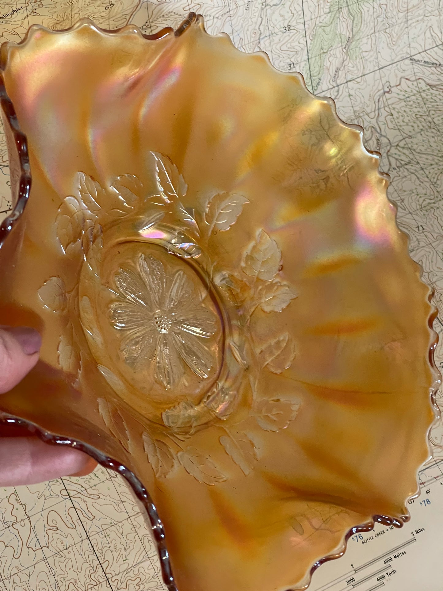 Antique Marigold Carnival Glass Bowl – Daisy & Leaf Pattern