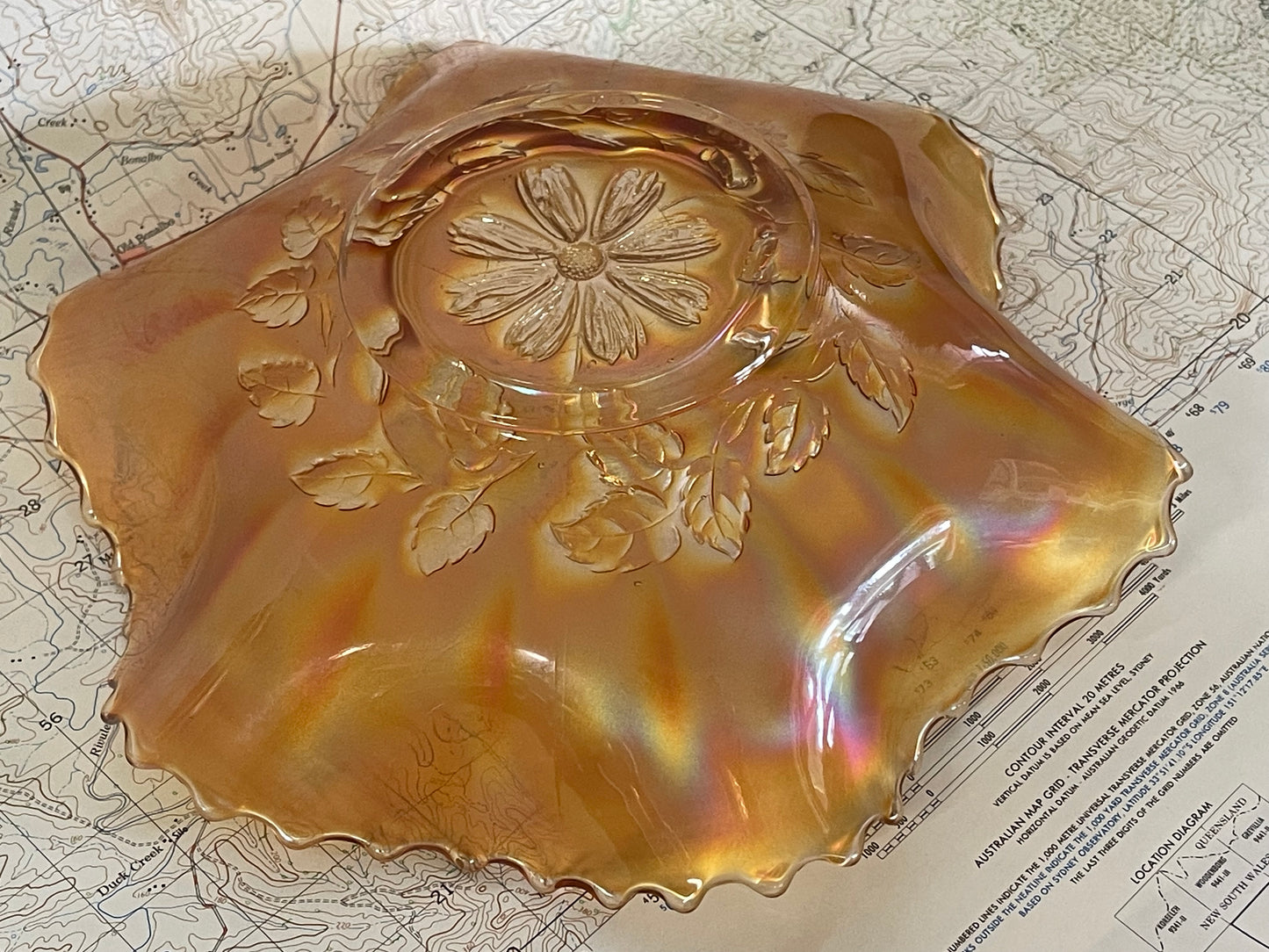 Antique Marigold Carnival Glass Bowl – Daisy & Leaf Pattern
