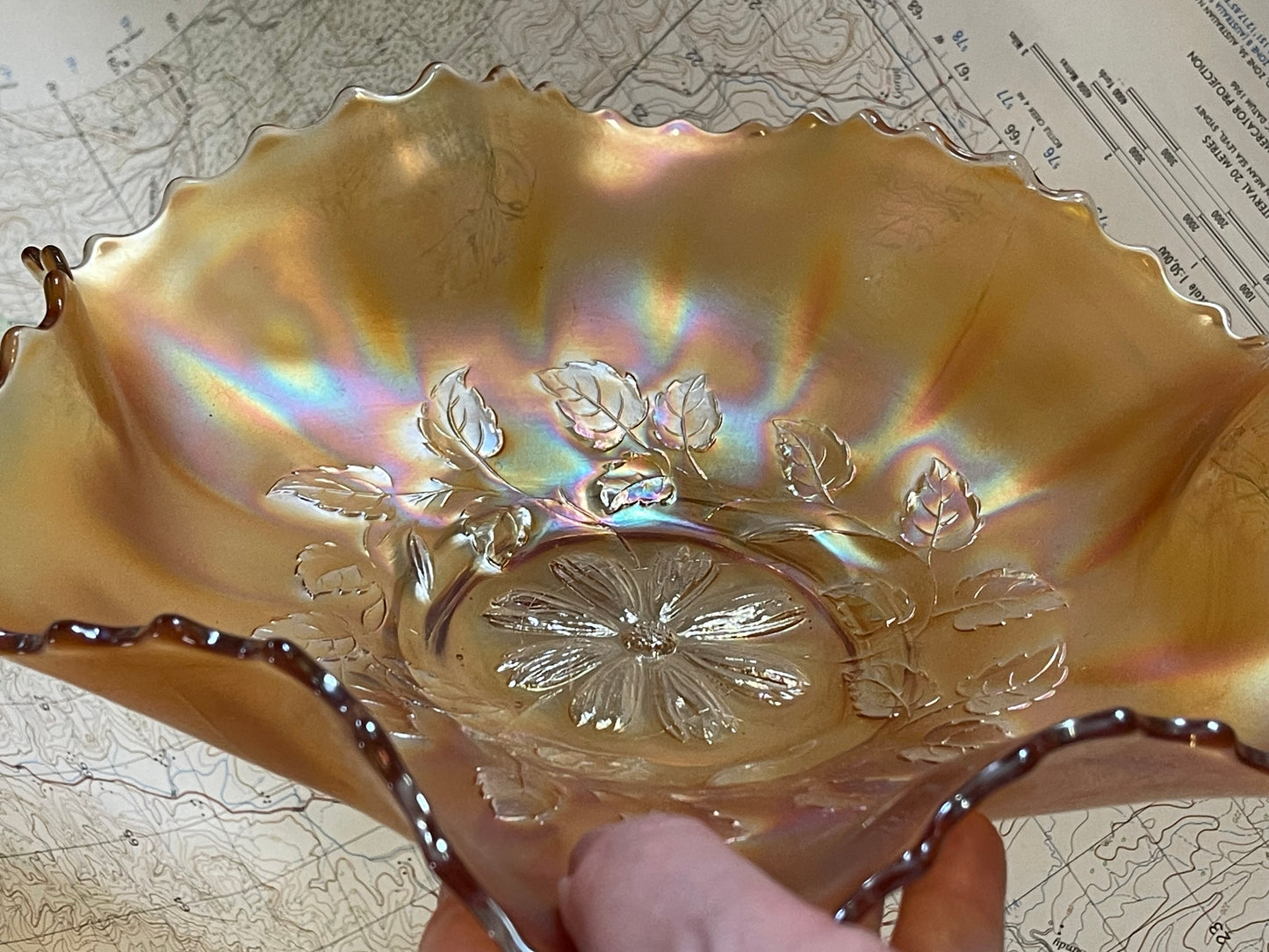 Antique Marigold Carnival Glass Bowl – Daisy & Leaf Pattern