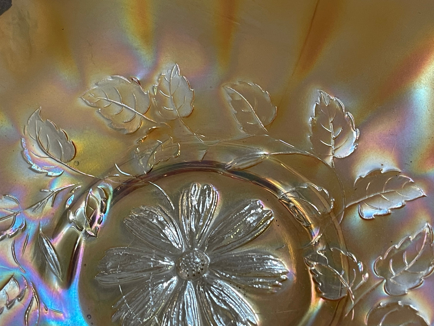 Antique Marigold Carnival Glass Bowl – Daisy & Leaf Pattern