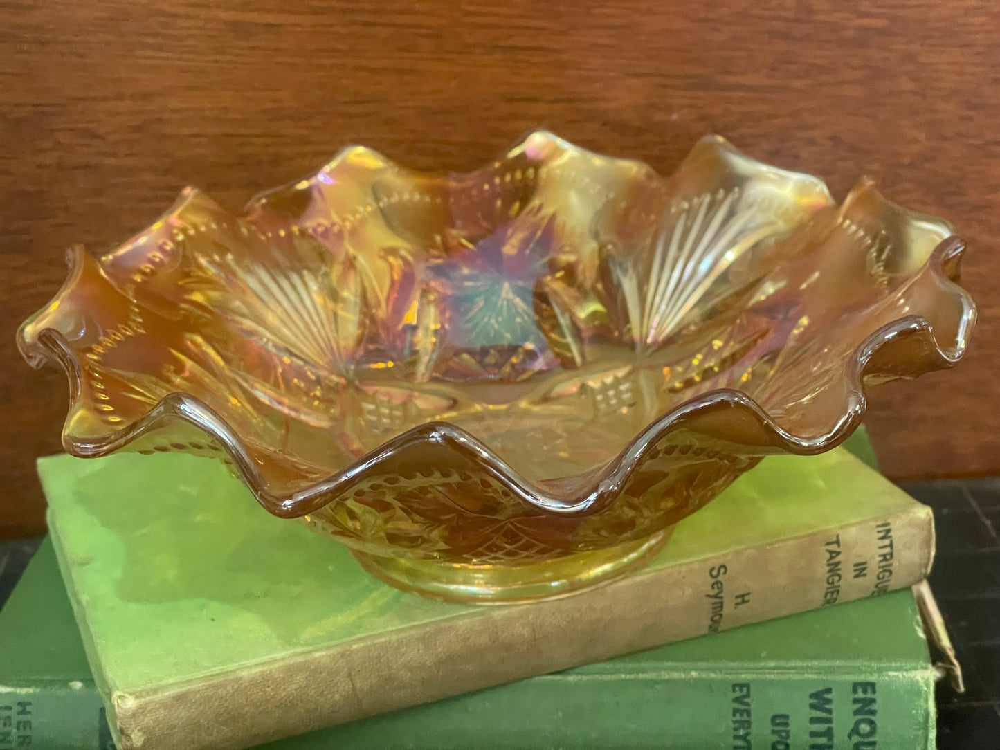 Vintage Australian Marigold Carnival Glass Bowl Bullrushes and Bush Orchid