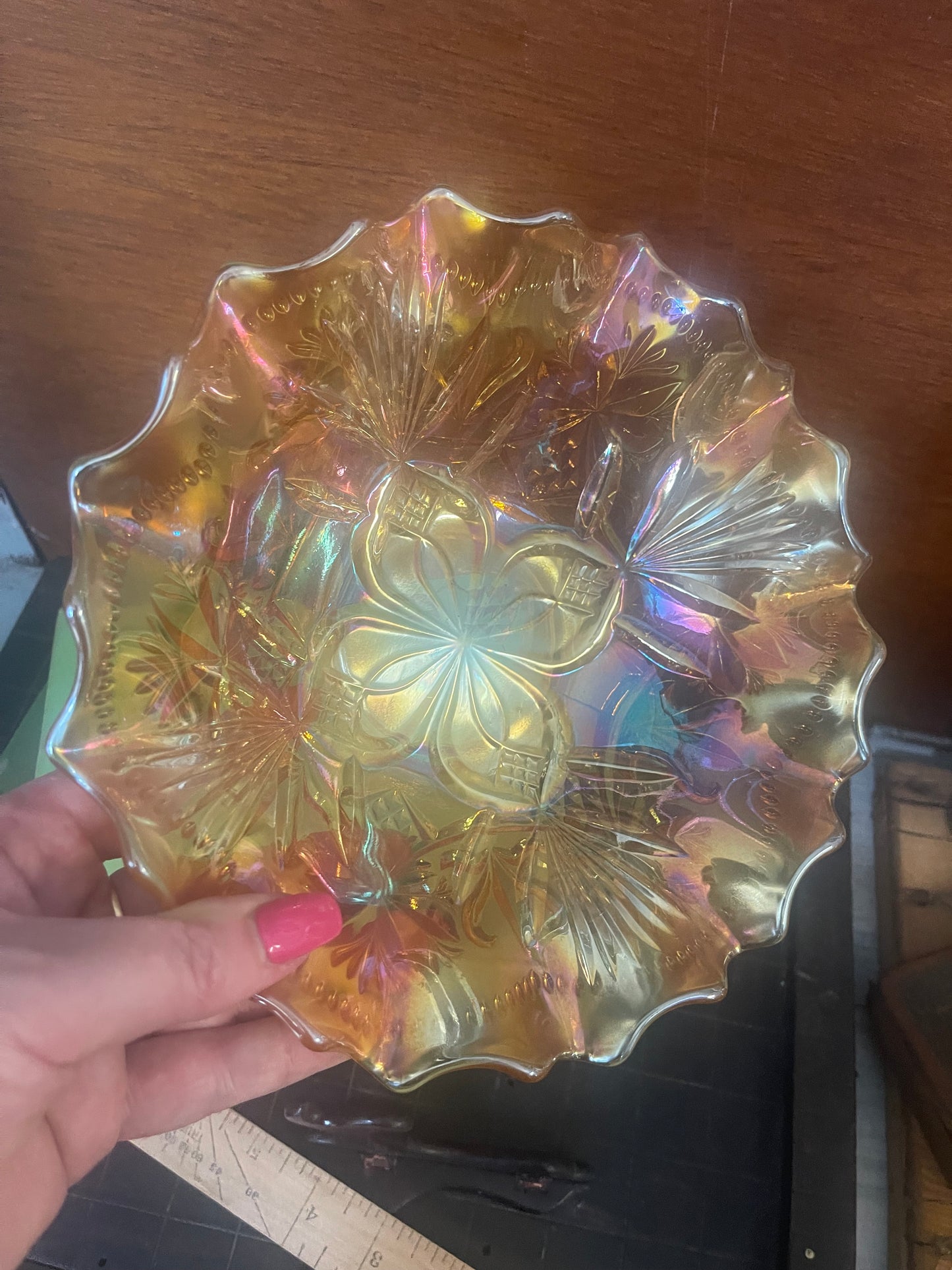 Vintage Australian Marigold Carnival Glass Bowl Bullrushes and Bush Orchid