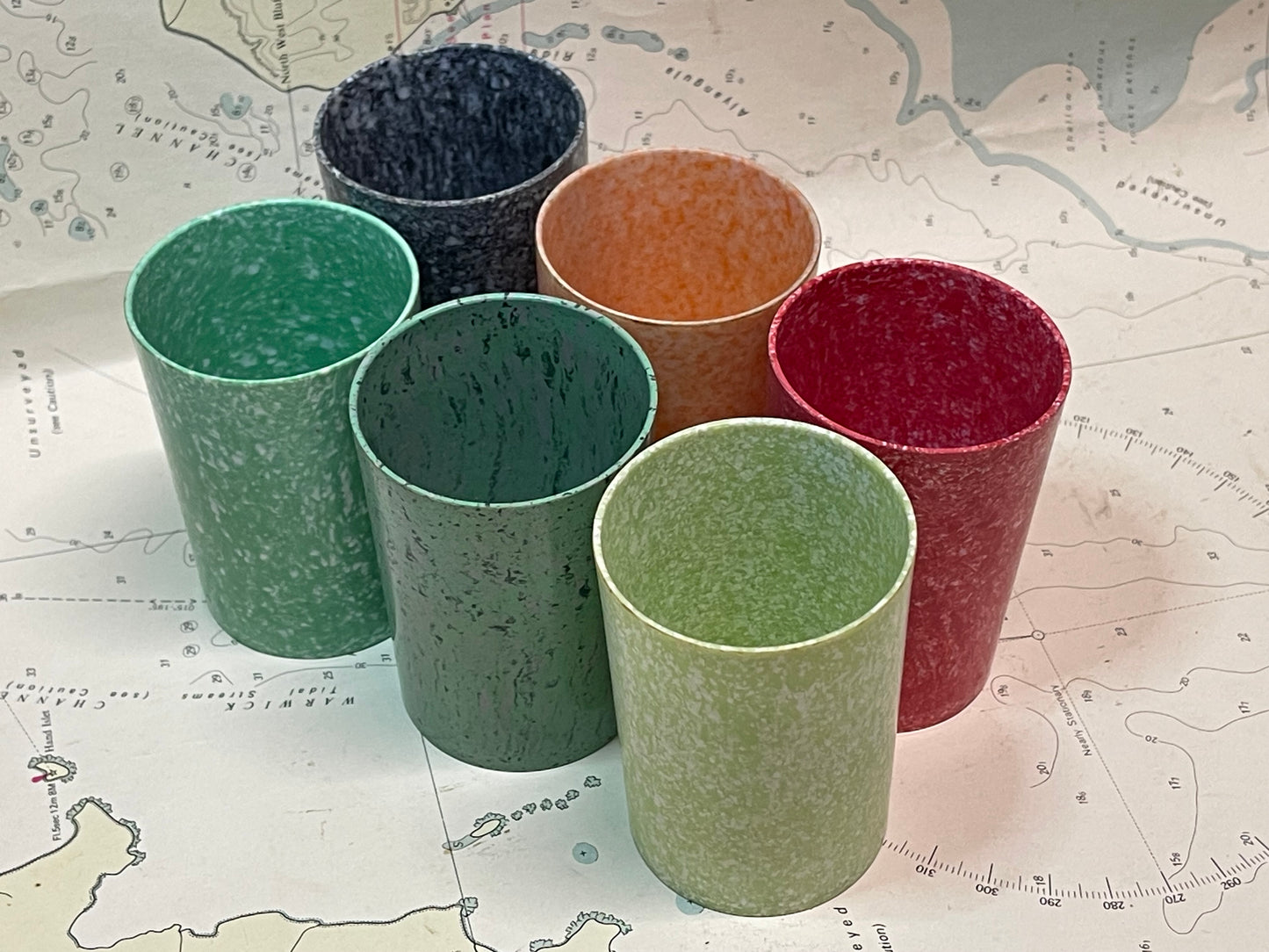 Vintage Kraft Foods Melamine Tumbler Set – Speckled Picnic Cups (Set of 6) – c.1950s–60s
