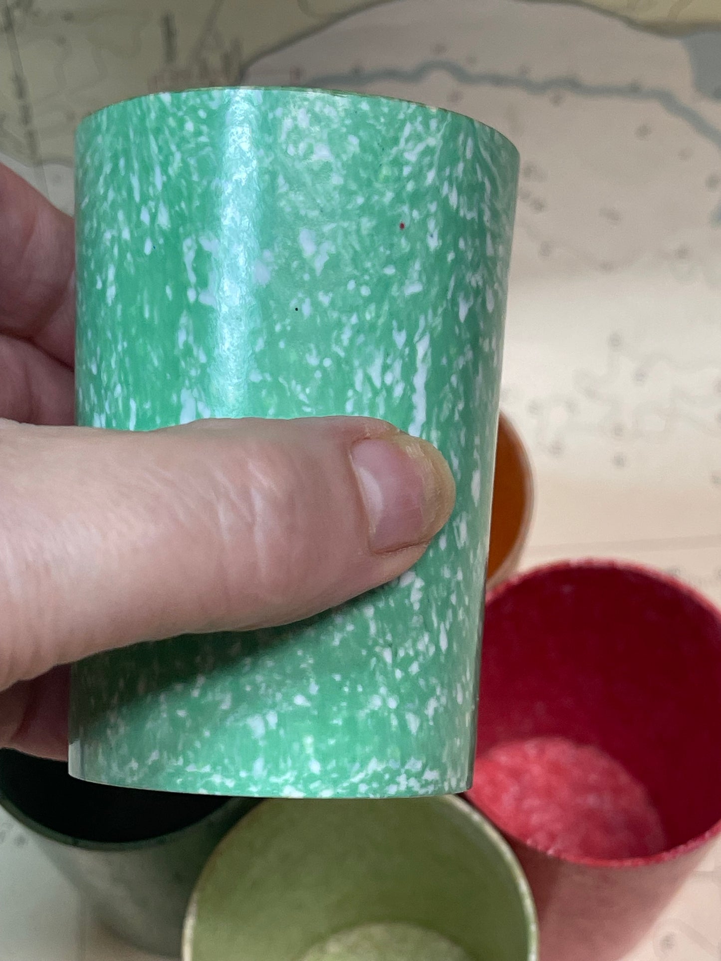 Vintage Kraft Foods Melamine Tumbler Set – Speckled Picnic Cups (Set of 6) – c.1950s–60s